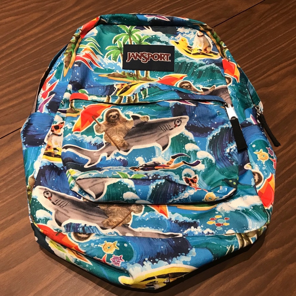 Jansport Backpack Sloth Riding Shark RARE - Picture 4 of 8